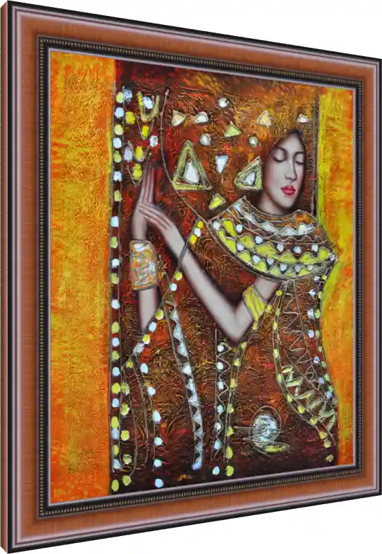 Textured abstract painting of a serene woman with closed eyes, adorned in golden patterned garments against an orange background. — photo frame preview | PrintPosters.in