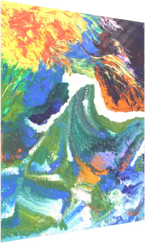 A vibrant abstract painting with thick, textured impasto brushstrokes of yellow, blue, green, and orange. — acrylic preview | PrintPosters.in