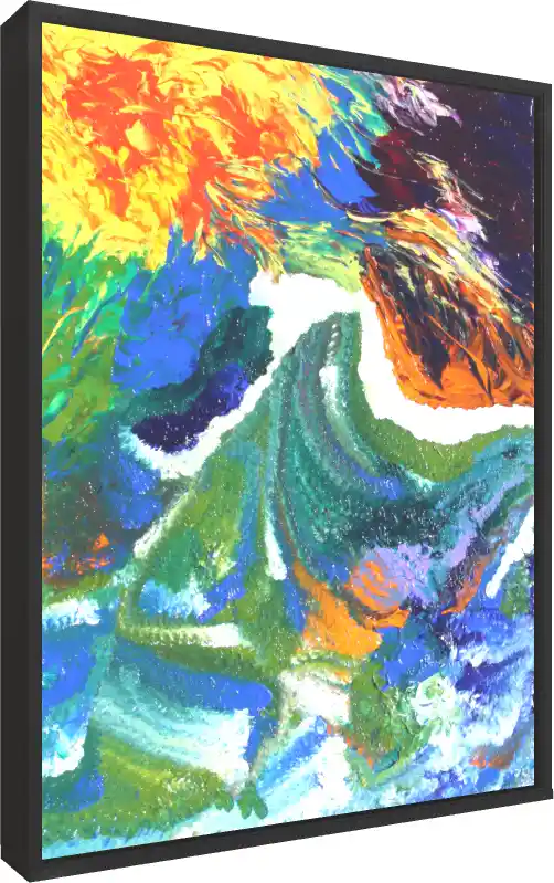A vibrant abstract painting with thick, textured impasto brushstrokes of yellow, blue, green, and orange. — floater frame preview | PrintPosters.in