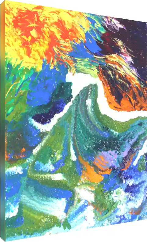 A vibrant abstract painting with thick, textured impasto brushstrokes of yellow, blue, green, and orange. | PrintPosters.in