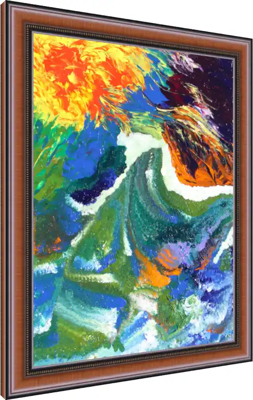 A vibrant abstract painting with thick, textured impasto brushstrokes of yellow, blue, green, and orange. — photo frame preview | PrintPosters.in