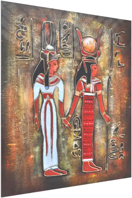 Textured golden canvas art depicting two ancient Egyptian female deities holding hands amidst hieroglyphs. — acrylic preview | PrintPosters.in