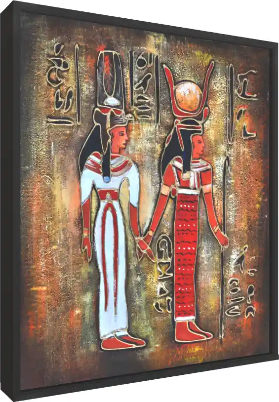 Textured golden canvas art depicting two ancient Egyptian female deities holding hands amidst hieroglyphs. — floater frame preview | PrintPosters.in