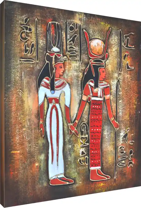 Textured golden canvas art depicting two ancient Egyptian female deities holding hands amidst hieroglyphs. | PrintPosters.in