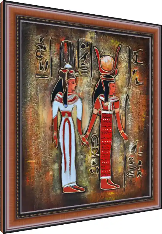 Textured golden canvas art depicting two ancient Egyptian female deities holding hands amidst hieroglyphs. — photo frame preview | PrintPosters.in