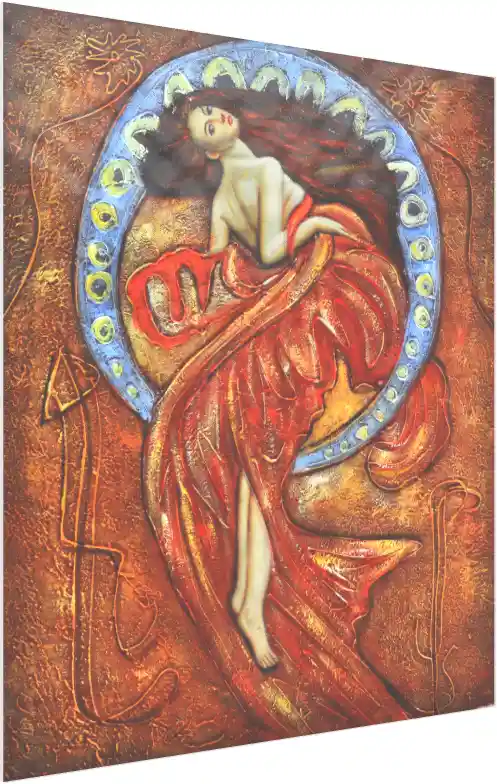 Art Nouveau painting of a woman draped in red fabric, framed by a blue crescent arch on a textured gold background. — acrylic preview | PrintPosters.in