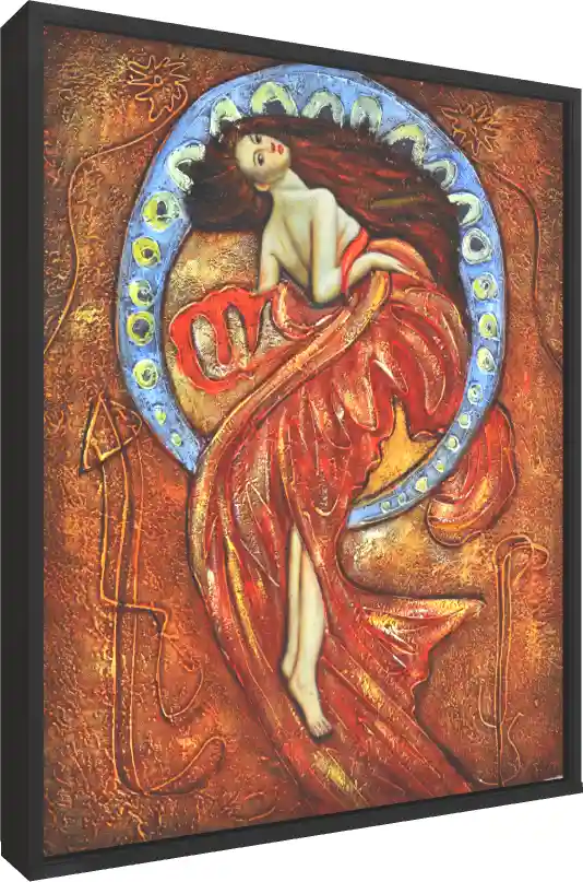 Art Nouveau painting of a woman draped in red fabric, framed by a blue crescent arch on a textured gold background. — floater frame preview | PrintPosters.in