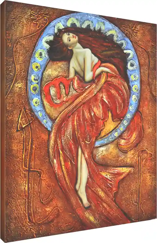 Art Nouveau painting of a woman draped in red fabric, framed by a blue crescent arch on a textured gold background. | PrintPosters.in