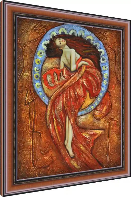 Art Nouveau painting of a woman draped in red fabric, framed by a blue crescent arch on a textured gold background. — photo frame preview | PrintPosters.in