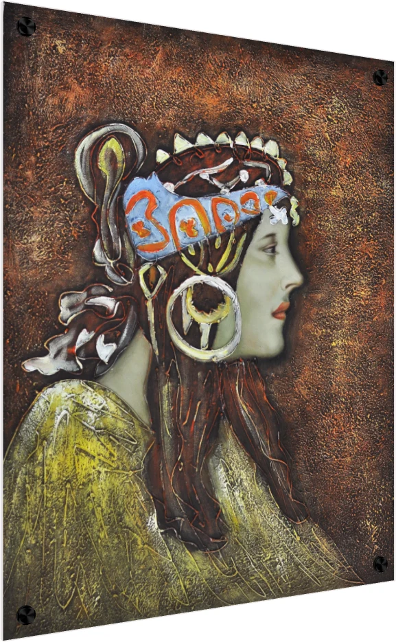 Profile portrait of a woman in an ornate blue and gold headdress against a textured bronze background. — acrylic preview | PrintPosters.in