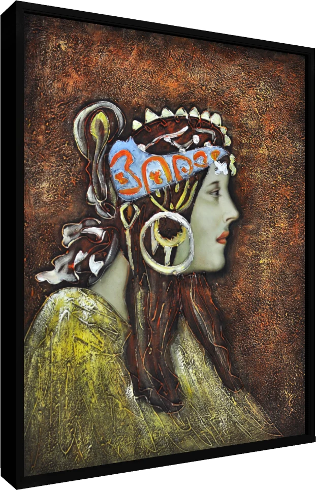 Profile portrait of a woman in an ornate blue and gold headdress against a textured bronze background. — floater frame preview | PrintPosters.in