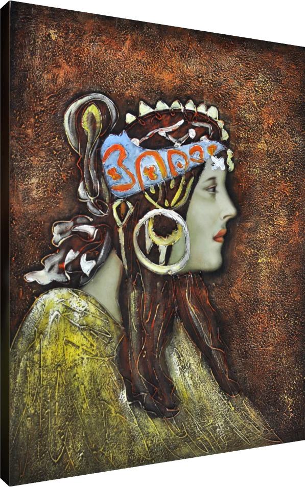 Profile portrait of a woman in an ornate blue and gold headdress against a textured bronze background. | PrintPosters.in