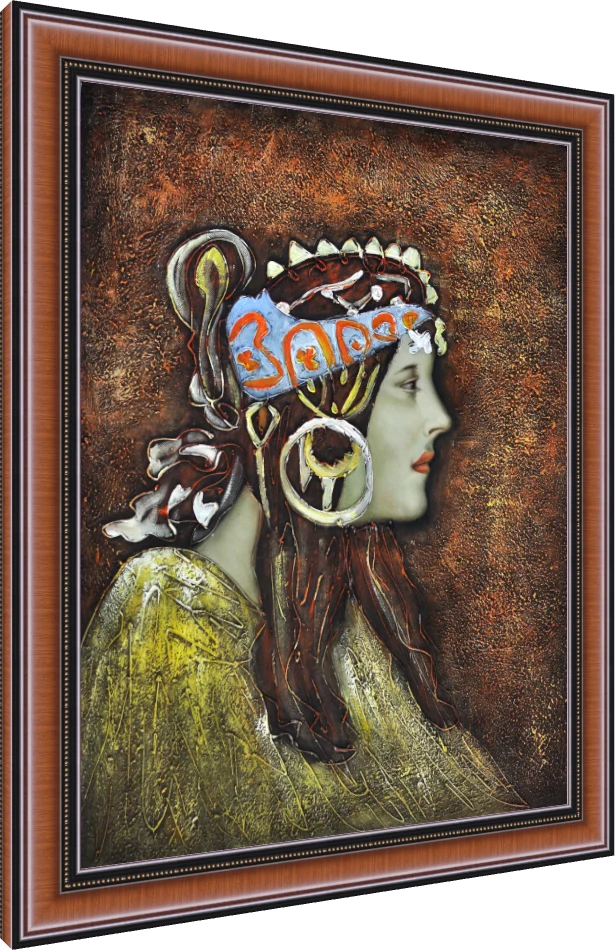 Profile portrait of a woman in an ornate blue and gold headdress against a textured bronze background. — photo frame preview | PrintPosters.in