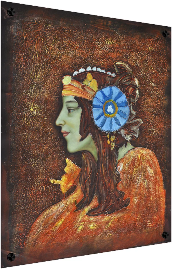 Textured profile portrait of a woman with green skin, a blue rosette hair ornament, and a golden copper background. — acrylic preview | PrintPosters.in