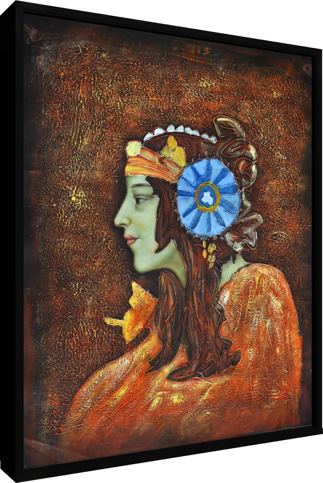 Textured profile portrait of a woman with green skin, a blue rosette hair ornament, and a golden copper background. — floater frame preview | PrintPosters.in