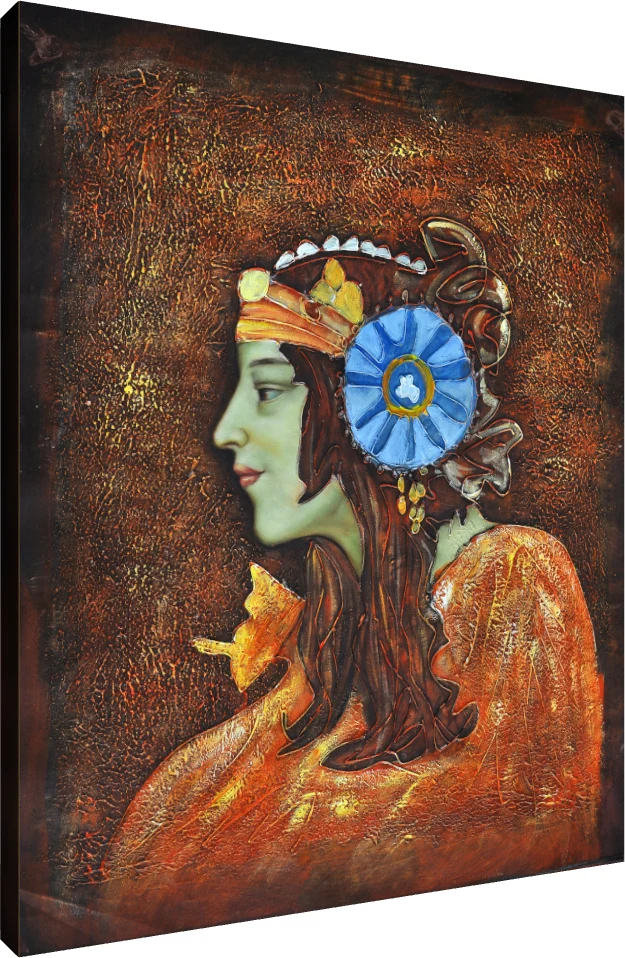Textured profile portrait of a woman with green skin, a blue rosette hair ornament, and a golden copper background. | PrintPosters.in
