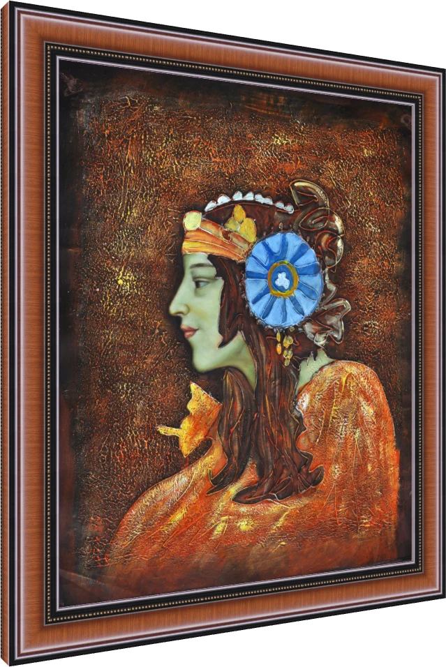 Textured profile portrait of a woman with green skin, a blue rosette hair ornament, and a golden copper background. — photo frame preview | PrintPosters.in