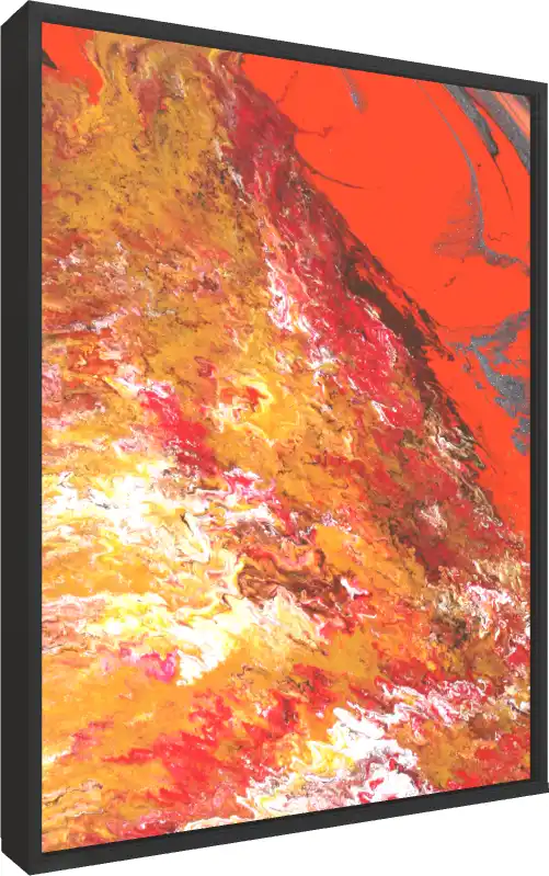 Abstract fluid art print featuring swirling patterns of fiery red, metallic gold, yellow, and white liquid acrylics. — floater frame preview | PrintPosters.in