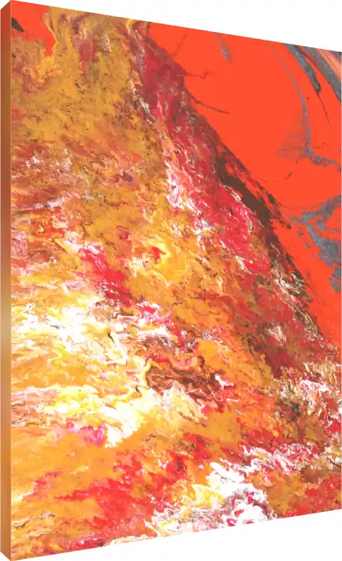 Abstract fluid art print featuring swirling patterns of fiery red, metallic gold, yellow, and white liquid acrylics. | PrintPosters.in