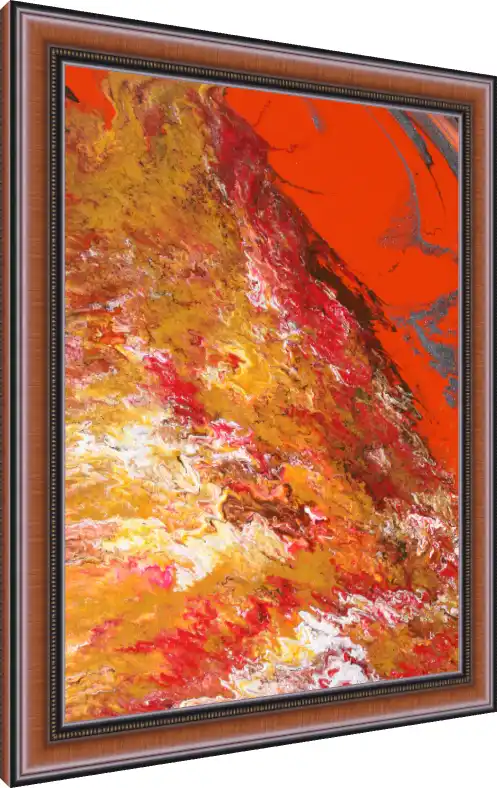 Abstract fluid art print featuring swirling patterns of fiery red, metallic gold, yellow, and white liquid acrylics. — photo frame preview | PrintPosters.in