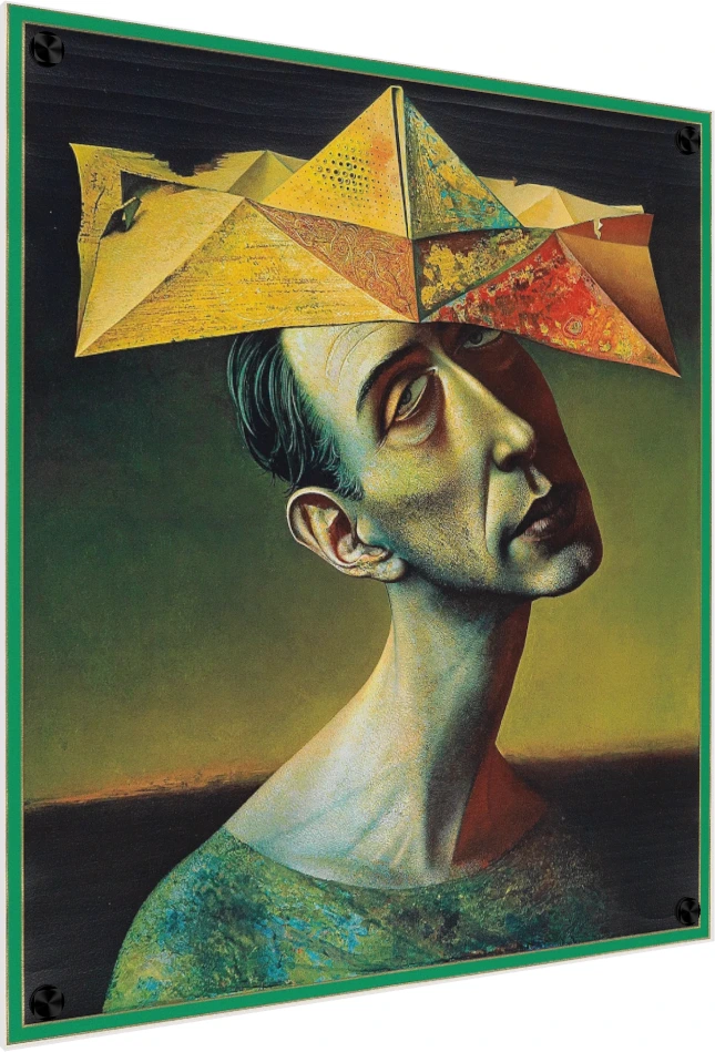 Surrealist portrait of a melancholic man wearing a multi-faceted, geometric paper crown in shades of yellow and orange. — acrylic preview | PrintPosters.in