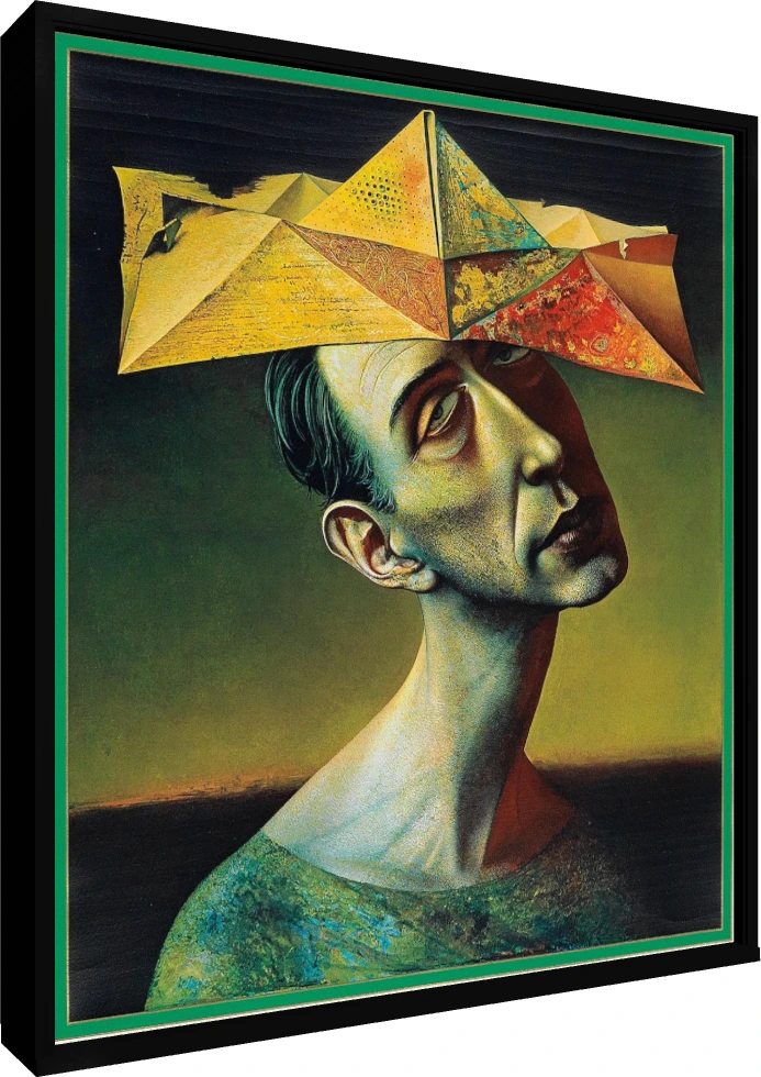 Surrealist portrait of a melancholic man wearing a multi-faceted, geometric paper crown in shades of yellow and orange. — floater frame preview | PrintPosters.in