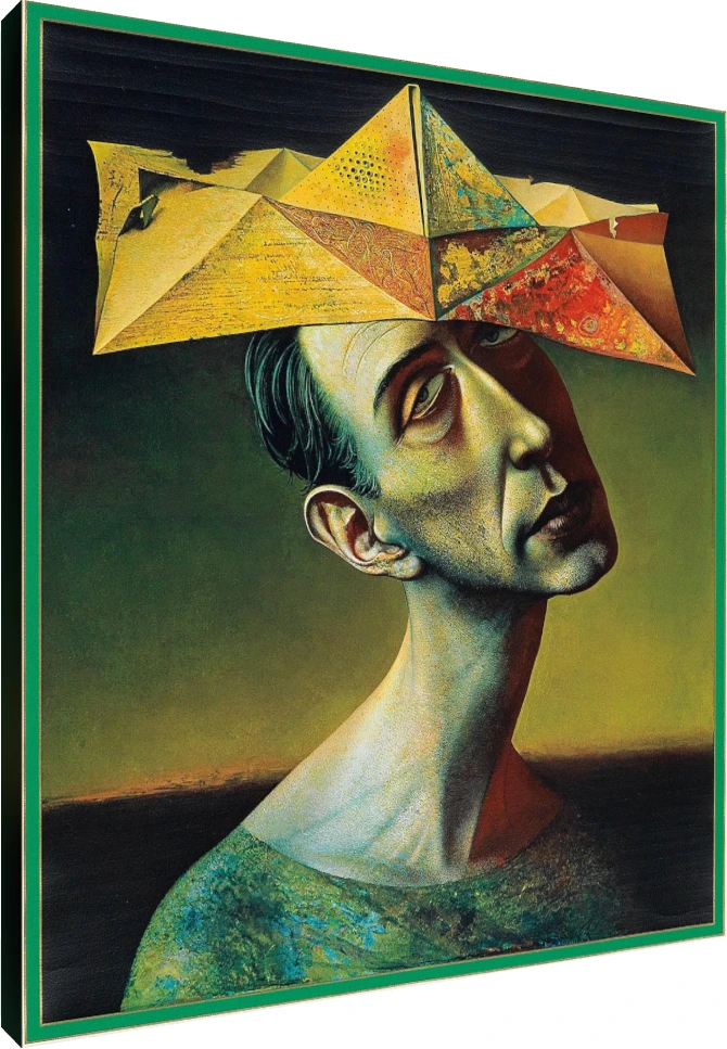 Surrealist portrait of a melancholic man wearing a multi-faceted, geometric paper crown in shades of yellow and orange. | PrintPosters.in