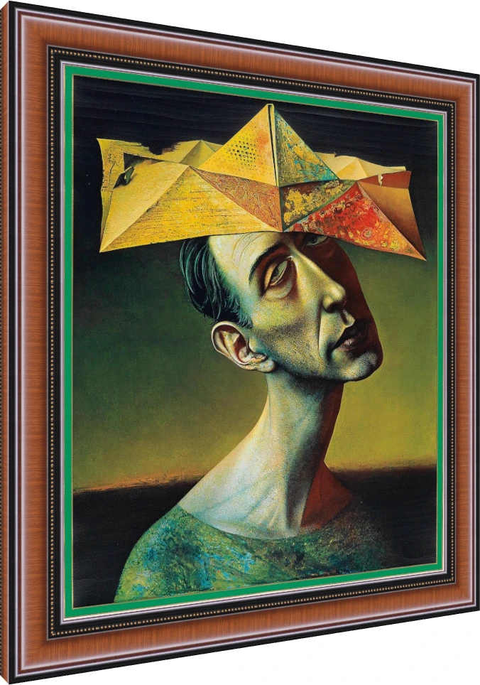 Surrealist portrait of a melancholic man wearing a multi-faceted, geometric paper crown in shades of yellow and orange. — photo frame preview | PrintPosters.in