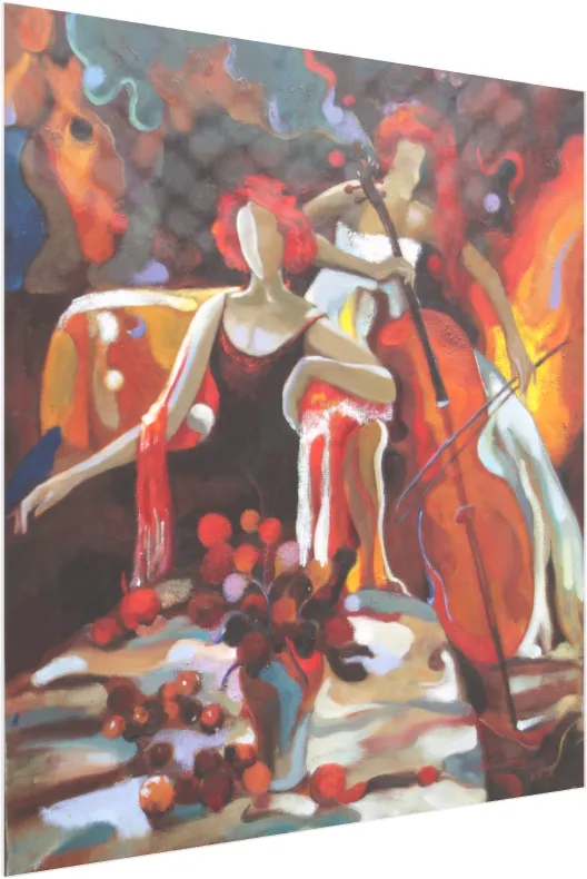 Abstract expressionist painting of two red-haired women, one playing a cello, in warm red and orange tones. — acrylic preview | PrintPosters.in