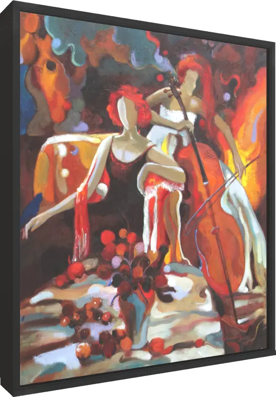 Abstract expressionist painting of two red-haired women, one playing a cello, in warm red and orange tones. — floater frame preview | PrintPosters.in