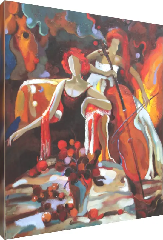 Abstract expressionist painting of two red-haired women, one playing a cello, in warm red and orange tones. | PrintPosters.in