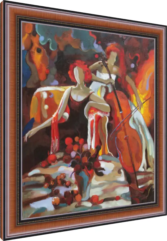 Abstract expressionist painting of two red-haired women, one playing a cello, in warm red and orange tones. — photo frame preview | PrintPosters.in