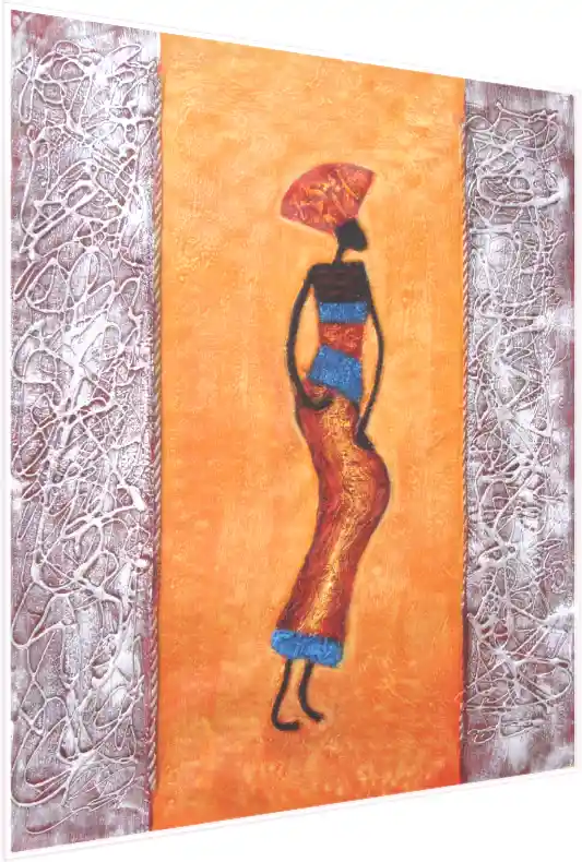 Abstract textured painting of an elongated African woman silhouette on an orange background with silver borders. — acrylic preview | PrintPosters.in