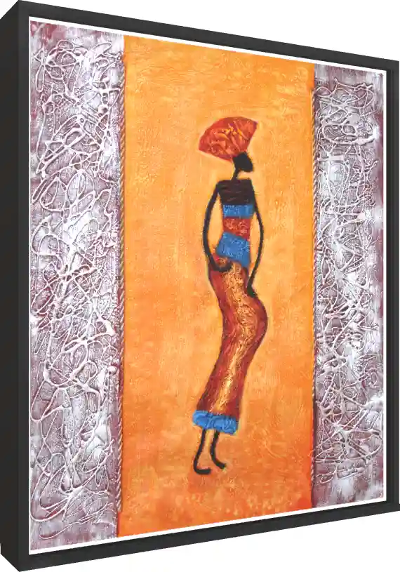 Abstract textured painting of an elongated African woman silhouette on an orange background with silver borders. — floater frame preview | PrintPosters.in