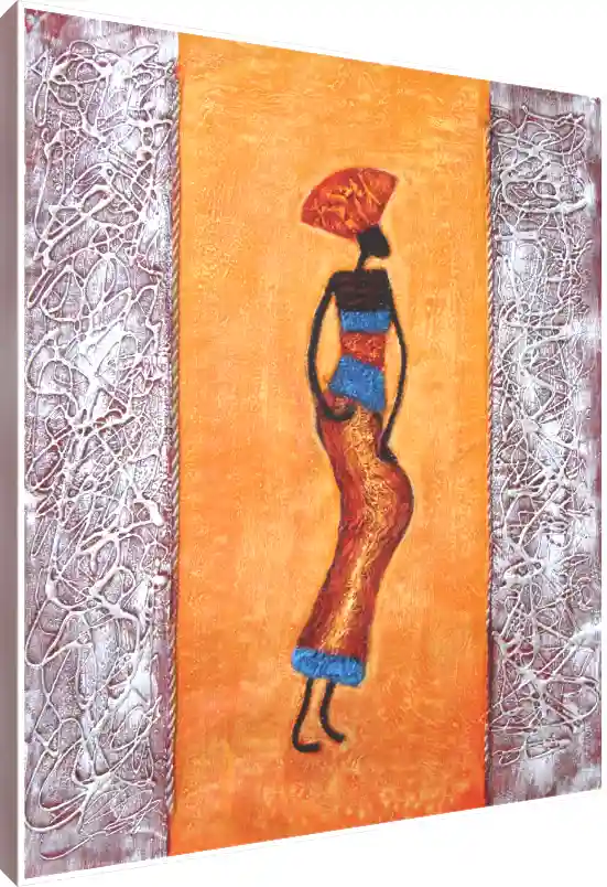 Abstract textured painting of an elongated African woman silhouette on an orange background with silver borders. | PrintPosters.in