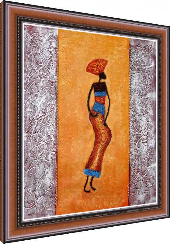 Abstract textured painting of an elongated African woman silhouette on an orange background with silver borders. — photo frame preview | PrintPosters.in