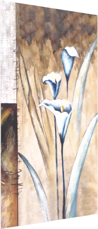 A vertical textured painting of three elegant white and blue-grey calla lilies against an earthy brown and beige background. — acrylic preview | PrintPosters.in