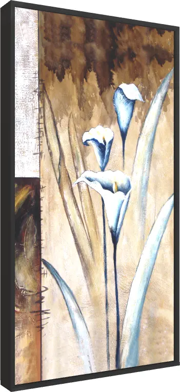 A vertical textured painting of three elegant white and blue-grey calla lilies against an earthy brown and beige background. — floater frame preview | PrintPosters.in