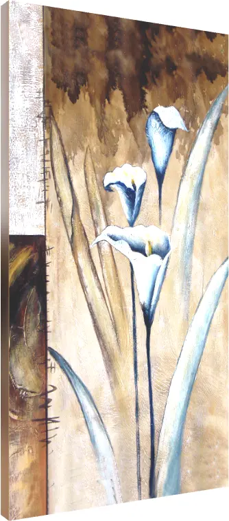 A vertical textured painting of three elegant white and blue-grey calla lilies against an earthy brown and beige background. | PrintPosters.in