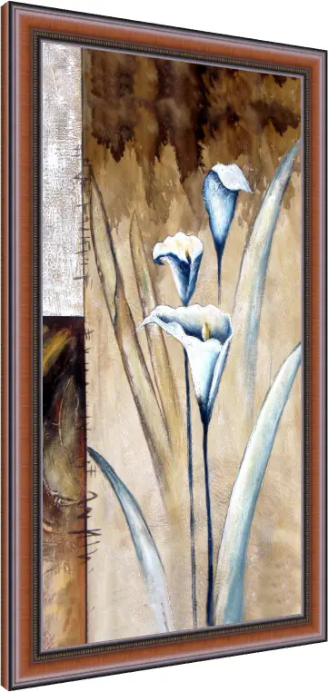 A vertical textured painting of three elegant white and blue-grey calla lilies against an earthy brown and beige background. — photo frame preview | PrintPosters.in