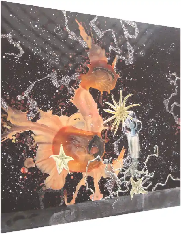 Surreal abstract painting with orange fluid shapes, starfish, and a tiny creature in a glass tube against a starry black background. — acrylic preview | PrintPosters.in