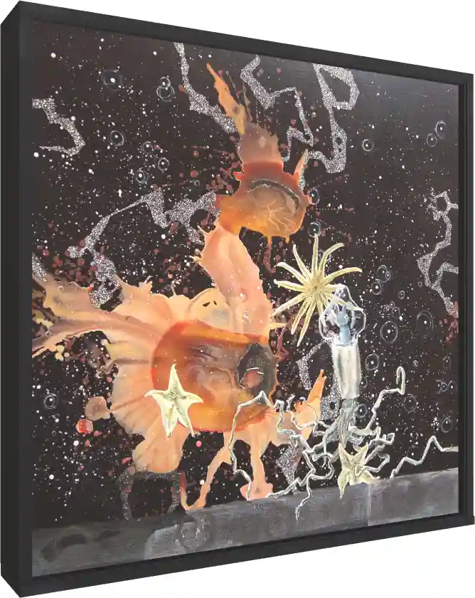 Surreal abstract painting with orange fluid shapes, starfish, and a tiny creature in a glass tube against a starry black background. — floater frame preview | PrintPosters.in