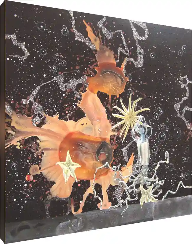 Surreal abstract painting with orange fluid shapes, starfish, and a tiny creature in a glass tube against a starry black background. | PrintPosters.in