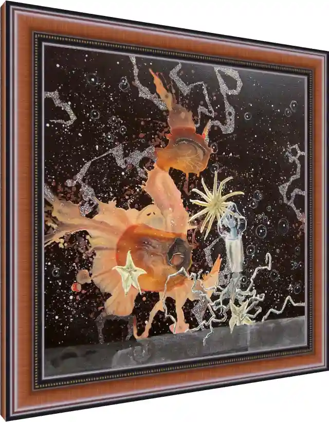 Surreal abstract painting with orange fluid shapes, starfish, and a tiny creature in a glass tube against a starry black background. — photo frame preview | PrintPosters.in