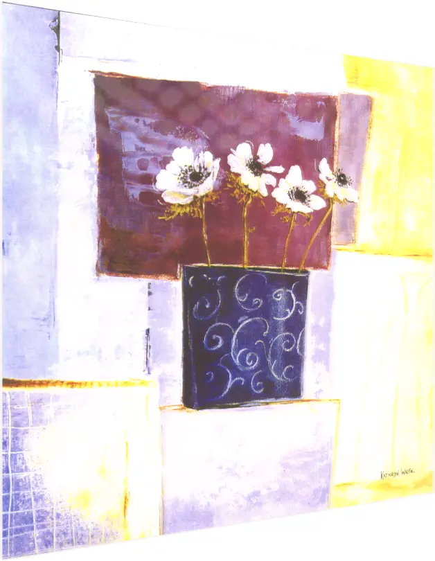 Abstract painting of four white flowers in a blue swirled vase against a purple and yellow geometric background. — acrylic preview | PrintPosters.in