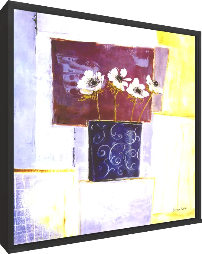 Abstract painting of four white flowers in a blue swirled vase against a purple and yellow geometric background. — floater frame preview | PrintPosters.in