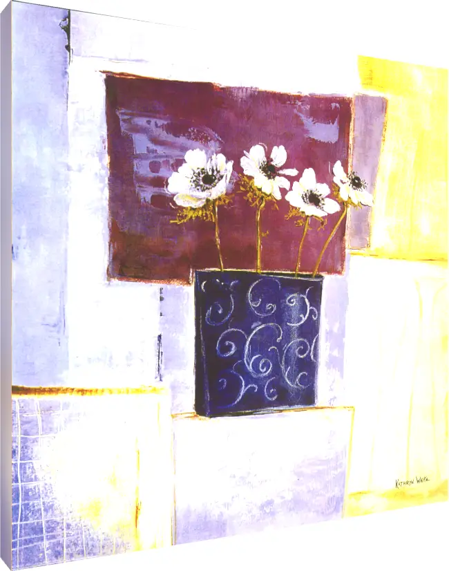 Abstract painting of four white flowers in a blue swirled vase against a purple and yellow geometric background. | PrintPosters.in
