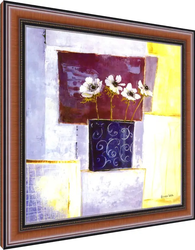 Abstract painting of four white flowers in a blue swirled vase against a purple and yellow geometric background. — photo frame preview | PrintPosters.in