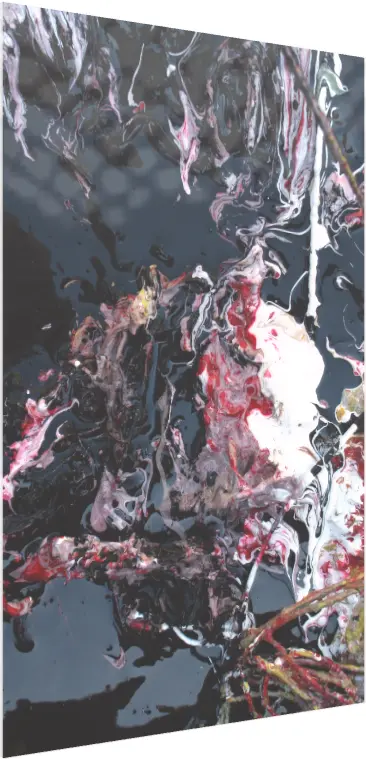 A vertical abstract print showcasing swirling patterns of crimson red, white, and pink paint over a glossy deep blue-black background. — acrylic preview | PrintPosters.in