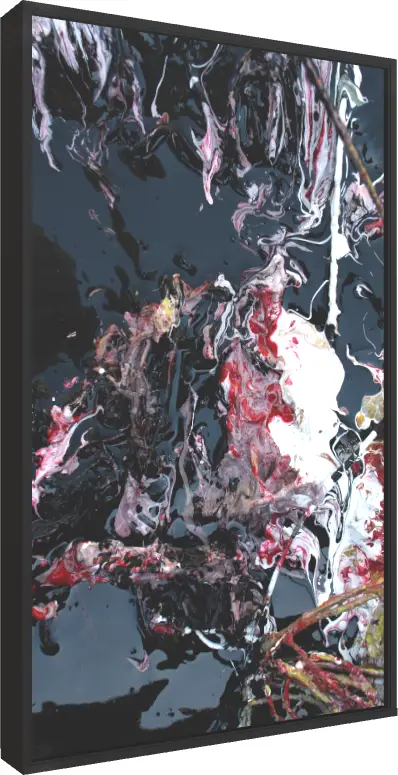 A vertical abstract print showcasing swirling patterns of crimson red, white, and pink paint over a glossy deep blue-black background. — floater frame preview | PrintPosters.in